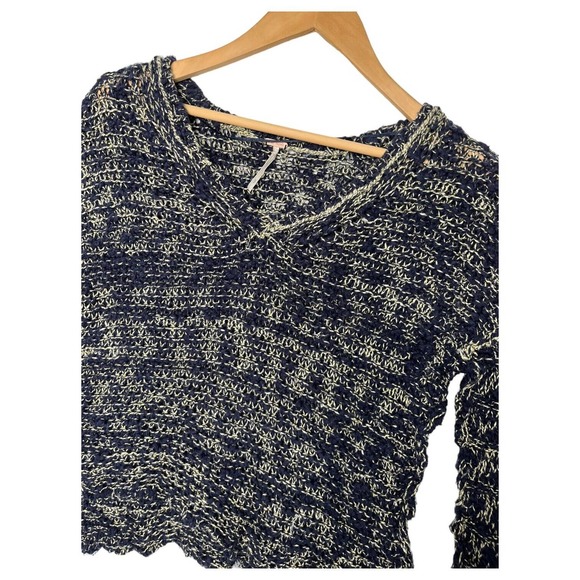 Free People Sweater Womens S High Low Open Knit V Neck Linen Cotton Blue Cream - Picture 4 of 15